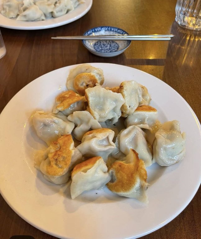 Crisp and golden, A plate of pan-fried dumplings with lacquered, golden bottoms.